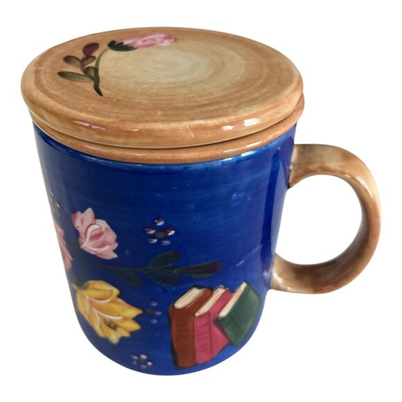 Barnes & Noble Mug – Royal Blue Floral Roses Books – Tea Mug with Infuser & Lid - Picture 2 of 6